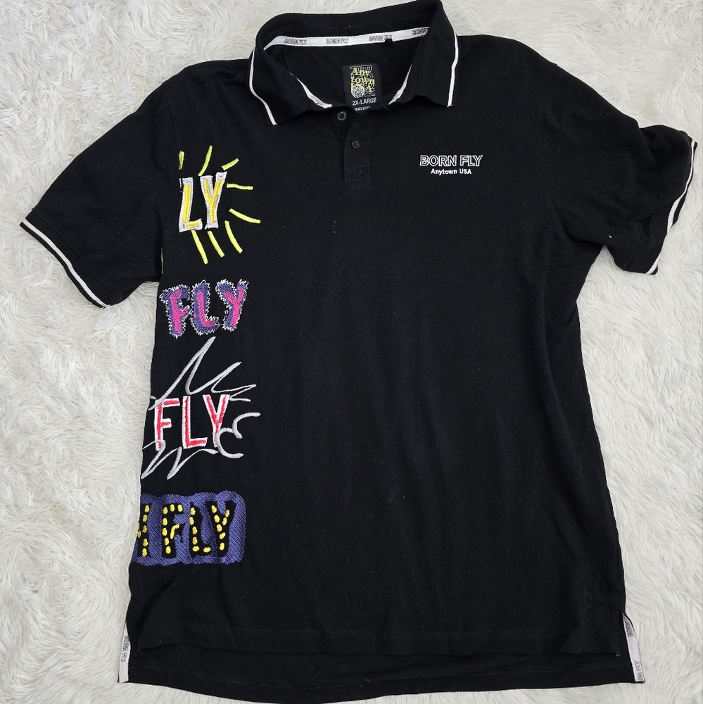 Men's Born To Fly Embroidered Patchwork Black Polo Shirt 2XL